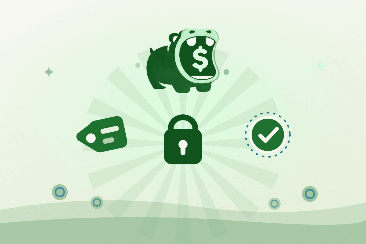 A price tag, a padlock, and a green check badge beneath the Tippo hippo, illustrating a price locked for life.