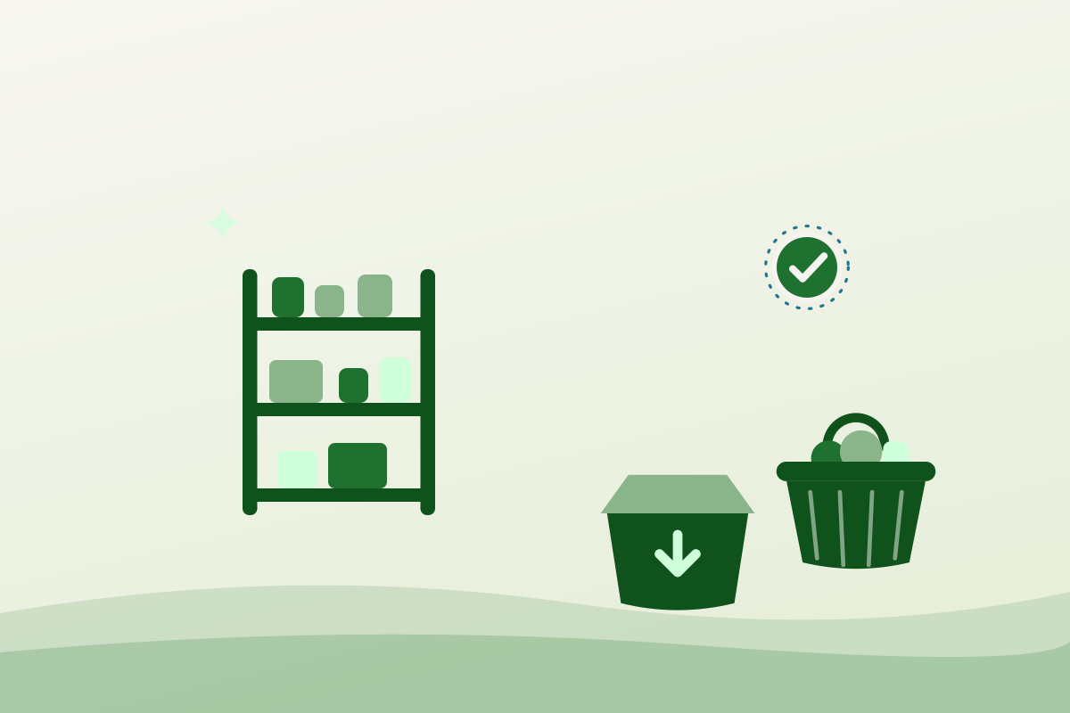 Flat illustration of a food aid shelf with stocked bins, a donation box and a basket