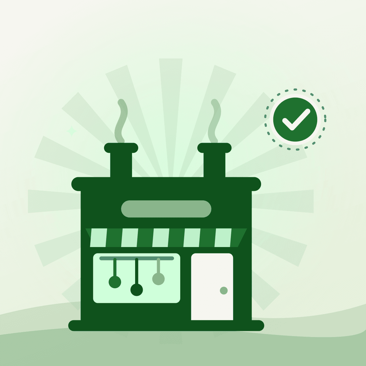 Illustrated commercial kitchen with a green approval badge