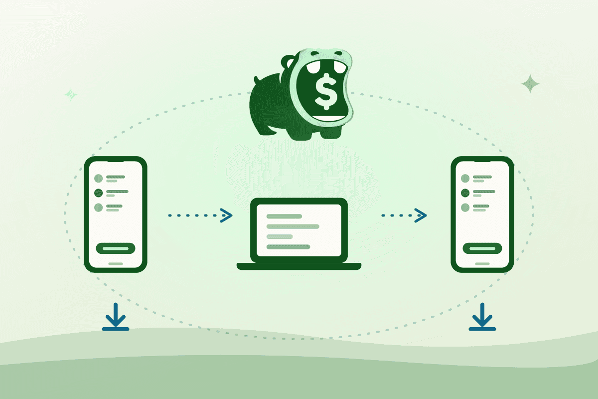 One Tippo account synced across a phone, a laptop, and a second phone, with download arrows beneath each handset.