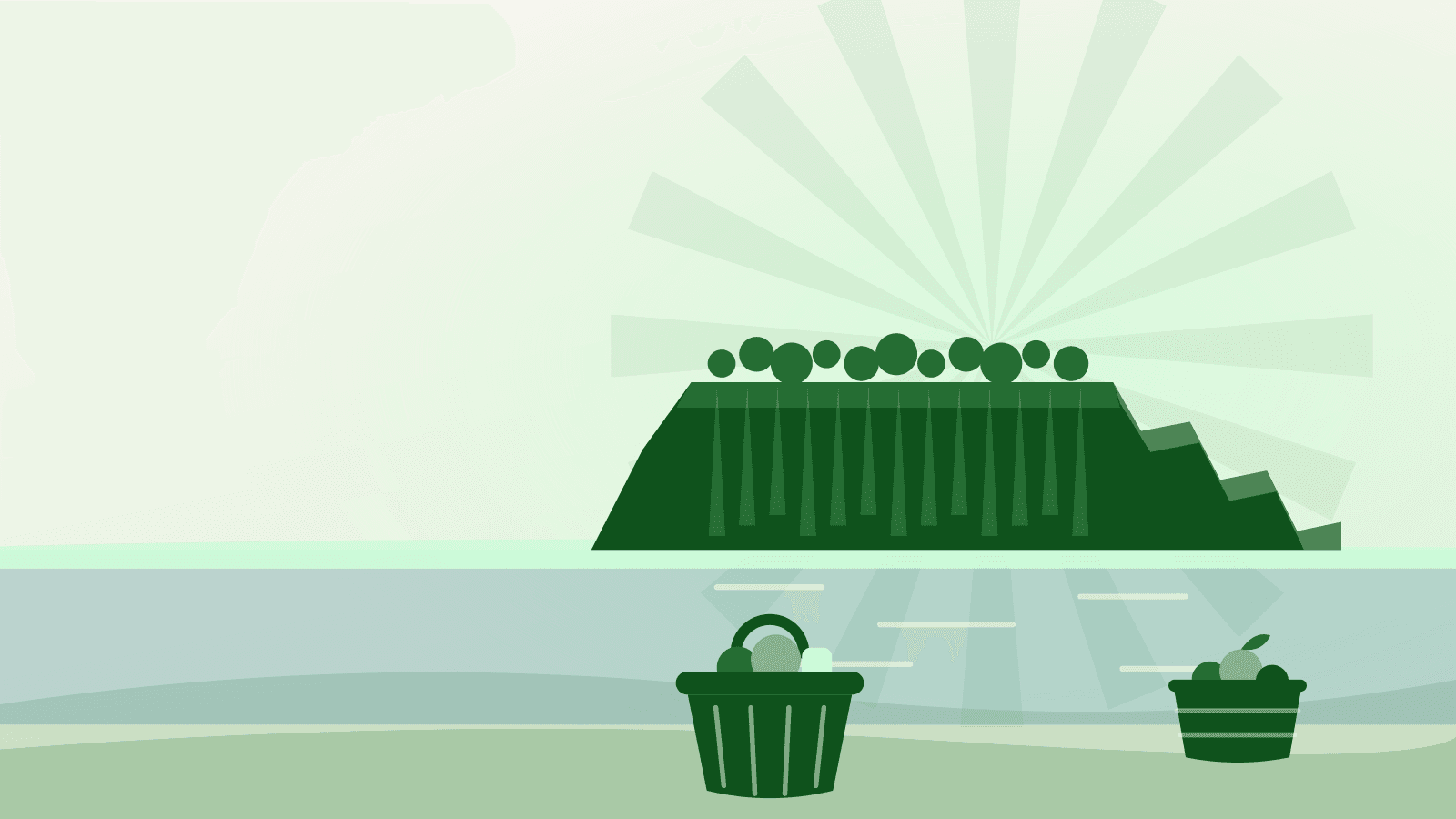 Flat illustration of the Scarborough Bluffs over Lake Ontario with a grocery basket, for a food bank Scarborough guide