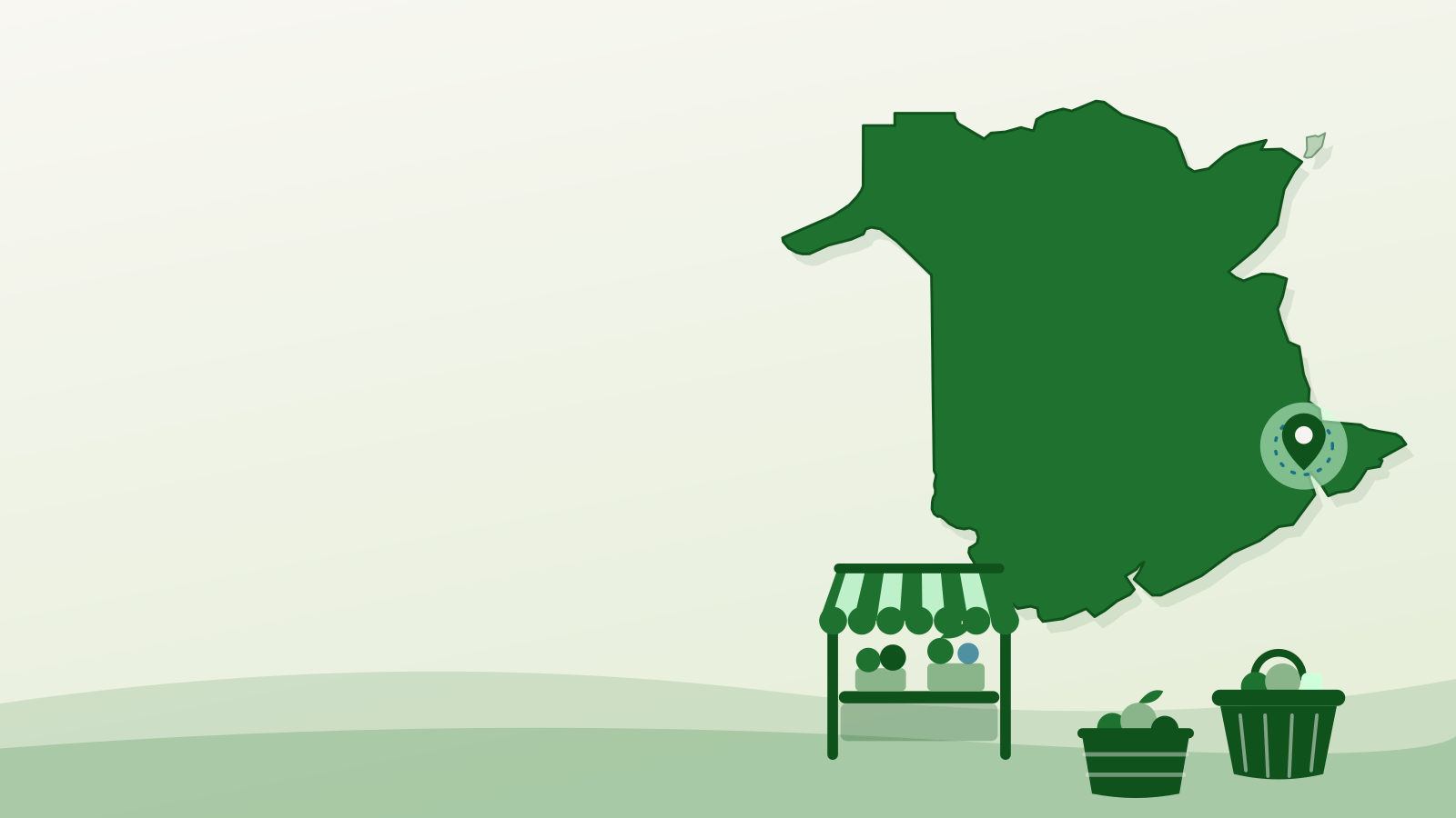 Farmers market Dieppe guide: illustrated outline of New Brunswick with Dieppe marked beside a market stall