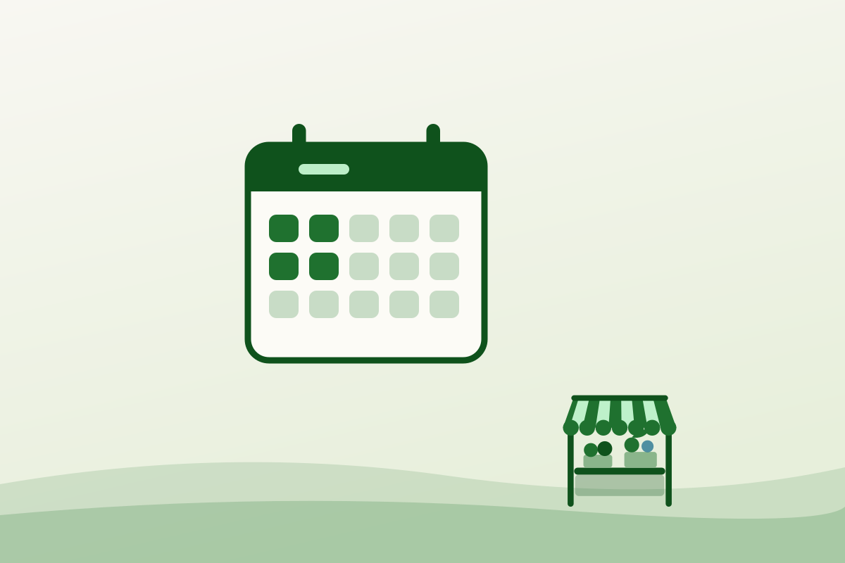 Flat illustration of a calendar with several days marked, beside a market stall
