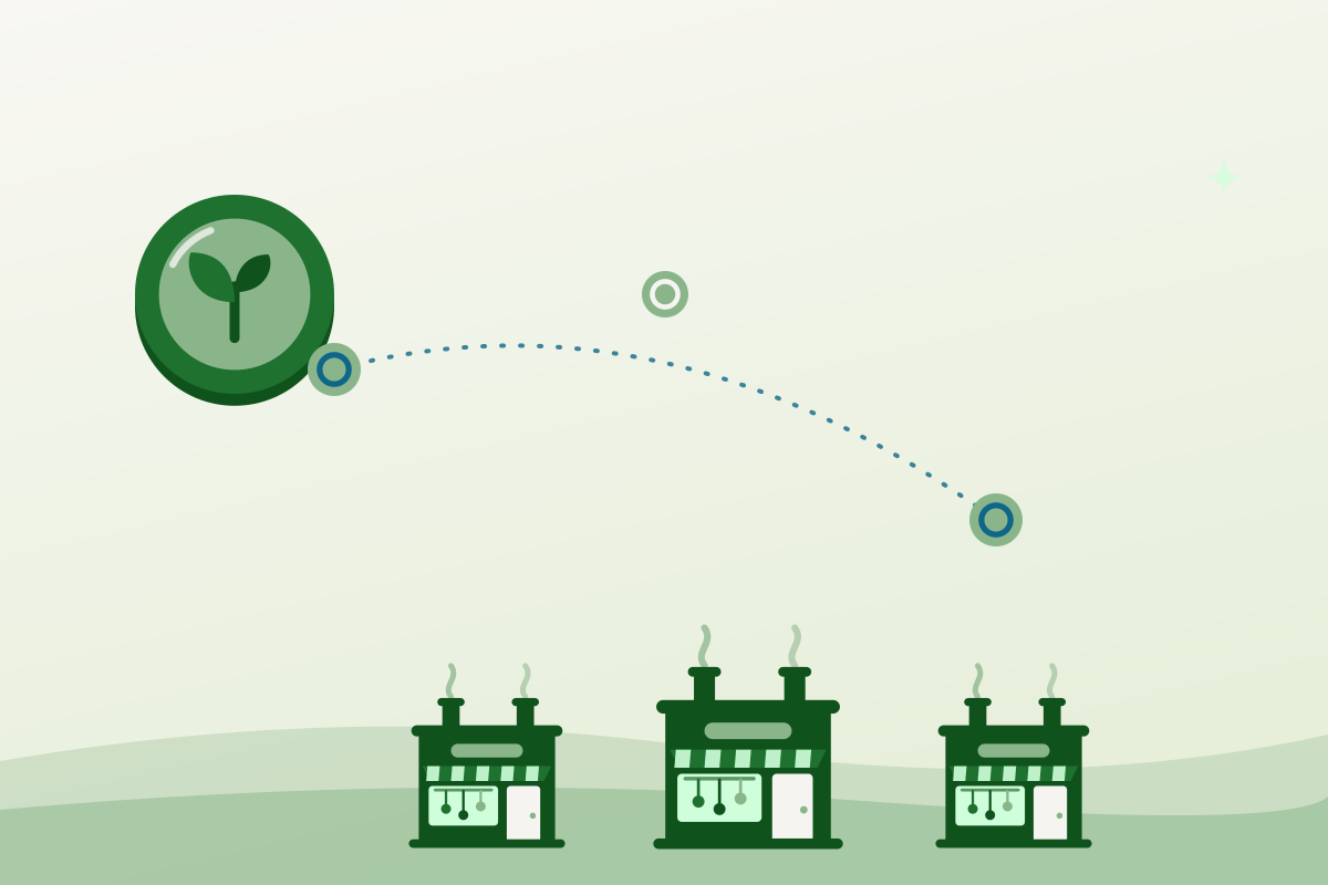 Illustration of funding flowing from a coin into a row of community kitchen buildings