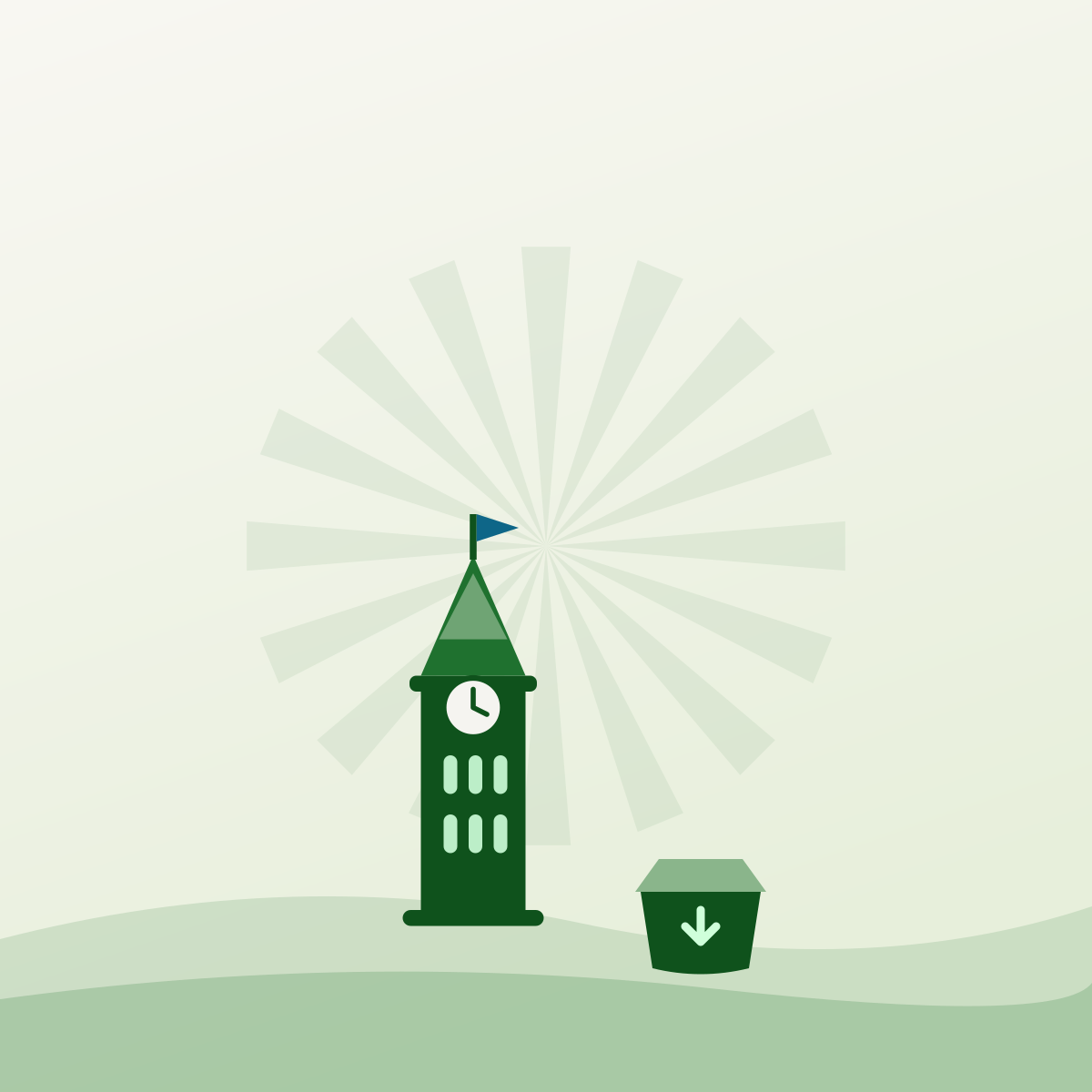 Illustrated Peace Tower beside a CSA produce box, representing farms near Ottawa