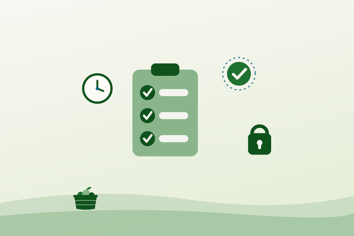 Flat illustration of a checklist with a padlock, a clock and a verification badge, representing vetting a shared kitchen before booking