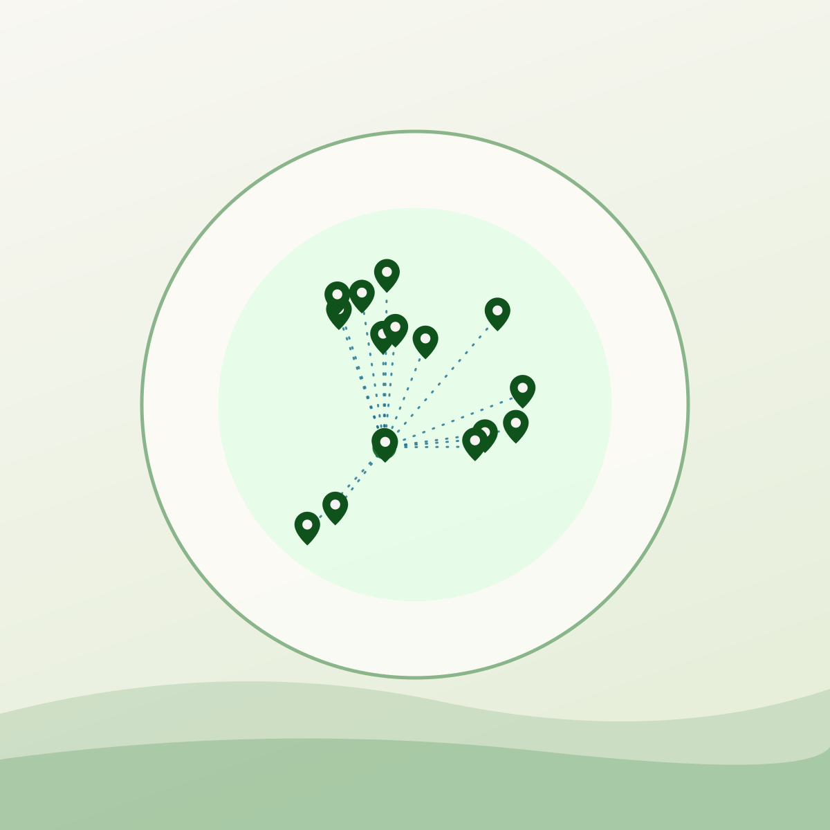 Illustrated cluster of food support locations mapped across Kitchener, Ontario