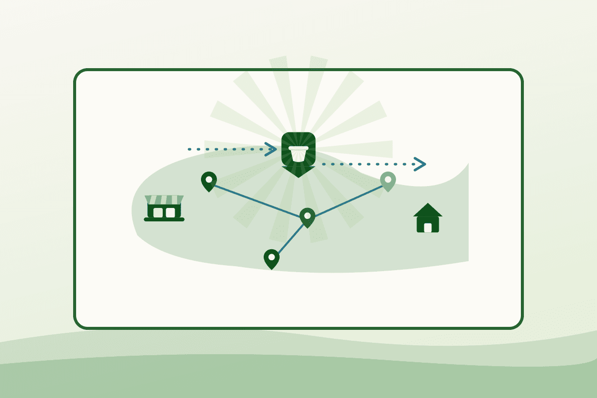 Flat illustration of a food hub linked to homes, a market stall and pins, representing Laval's local food network