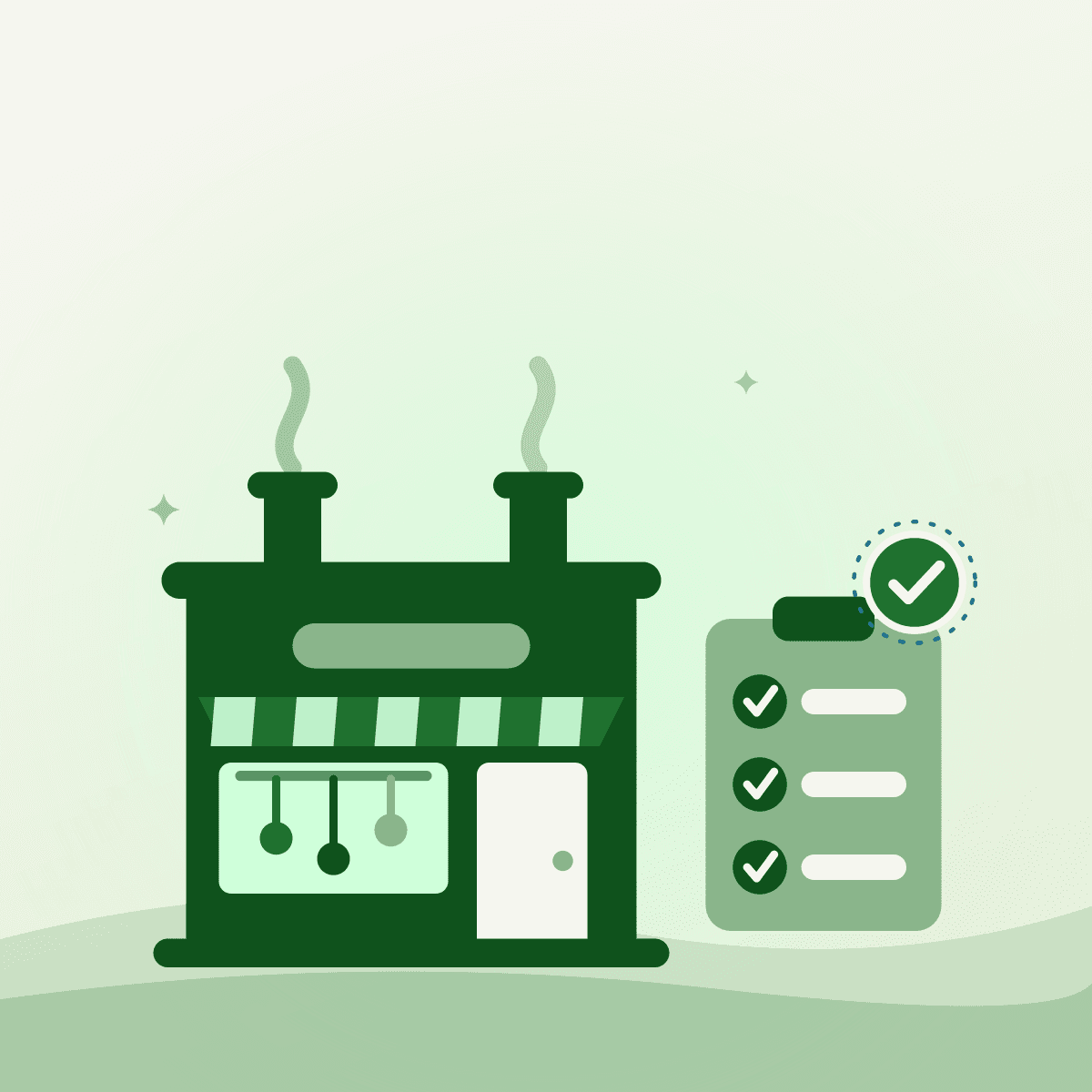 Flat illustration of a checklist with a check badge beside a kitchen building