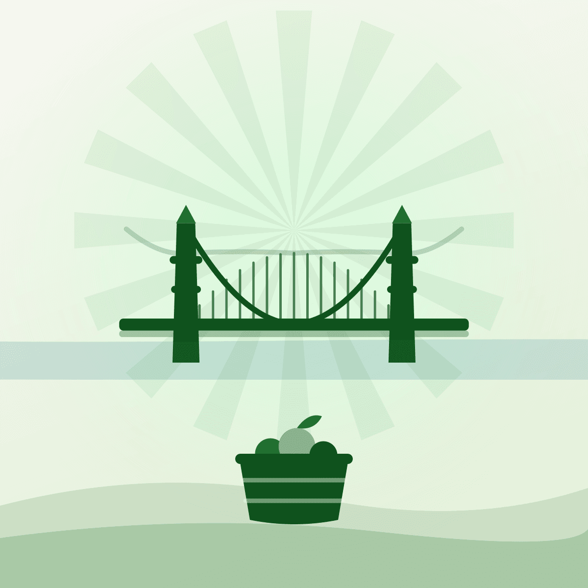 Ambassador Bridge and a produce crate, illustrating Windsor food bank support