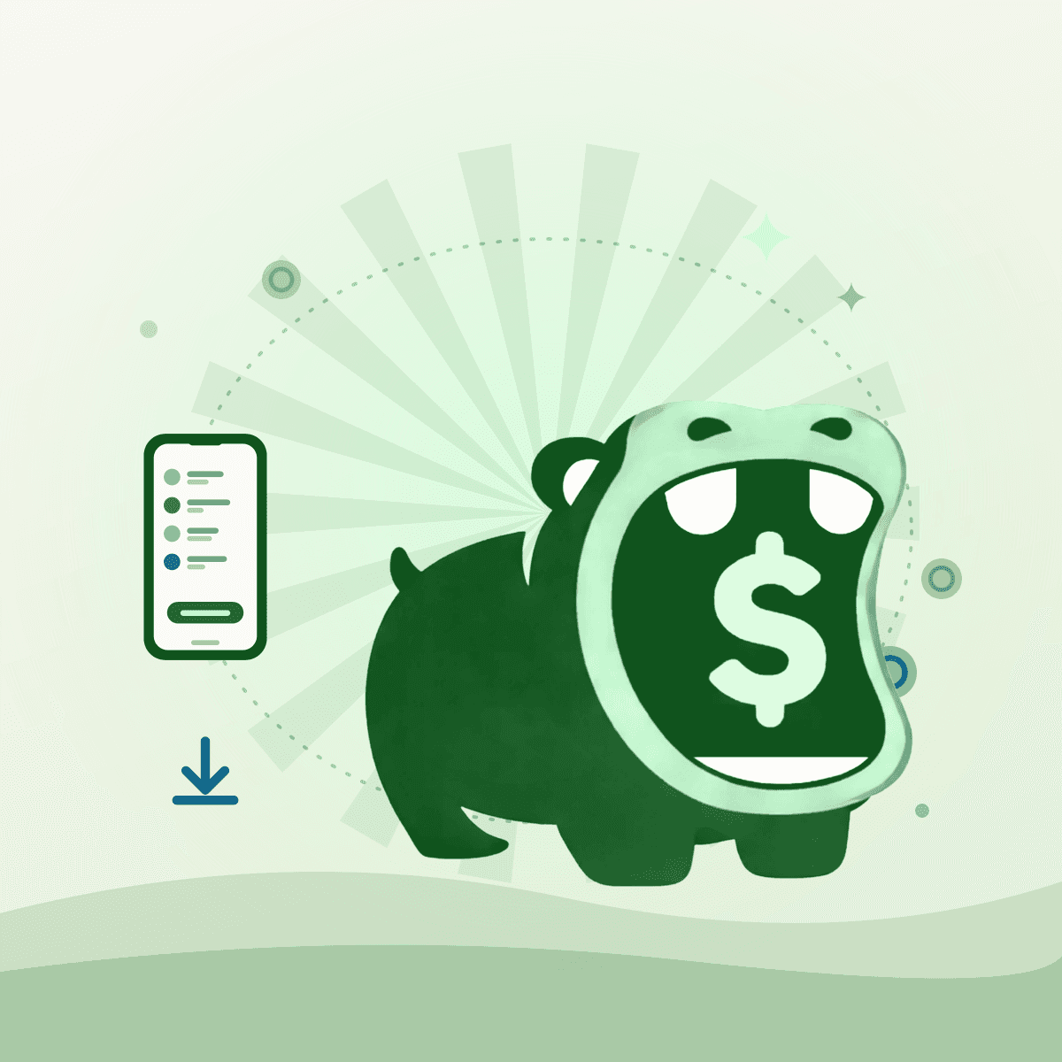 The Tippo hippo in Food Web green next to a phone showing a tip-out list, with a download arrow.