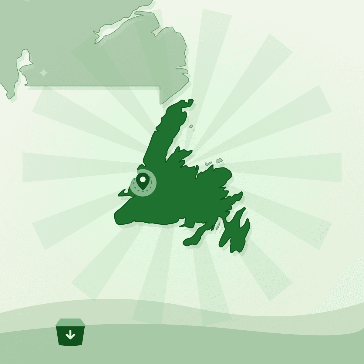 Illustrated outline of the island of Newfoundland with Corner Brook marked