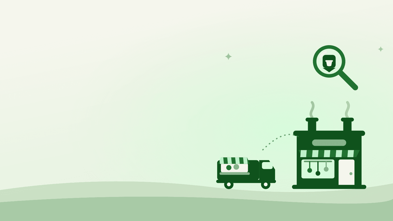 Flat illustration of a food truck heading to a commissary kitchen marked by a magnifying glass — finding a commissary kitchen near me