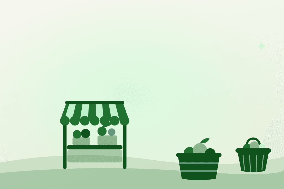 Flat illustration of a farmers market Mississauga stall with a produce crate and basket