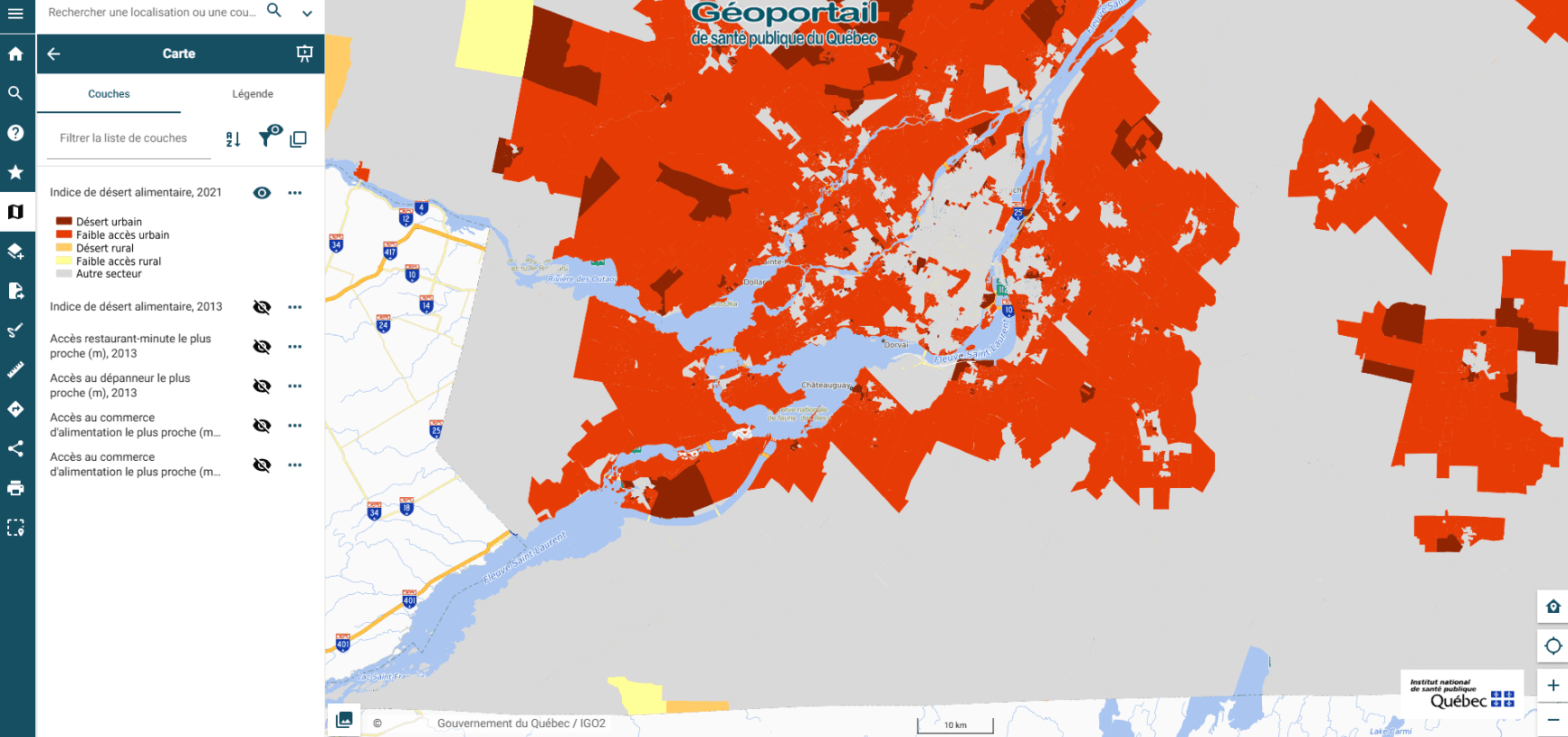 Map of Montreal showing what neighbourhoods are in food desserts and have higher rates of food insecurity