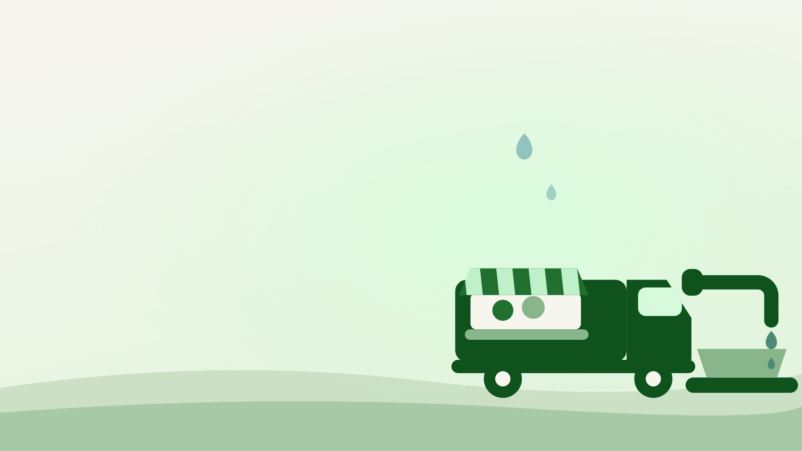 Flat illustration of a food truck at a commissary kitchen rental service point with a water fill and dump station