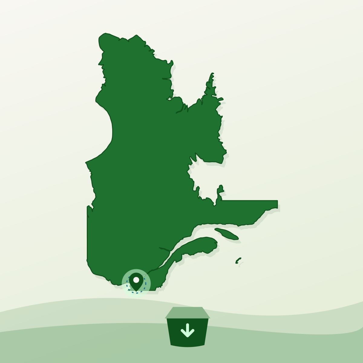 Illustrated outline of Quebec with Laval marked and a food donation box