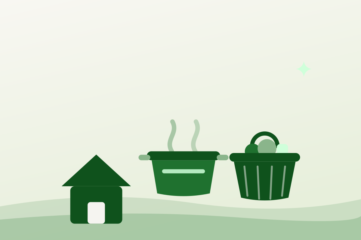 Flat illustration of a farmhouse, a cooking pot and a basket of produce representing farm stands and community meals