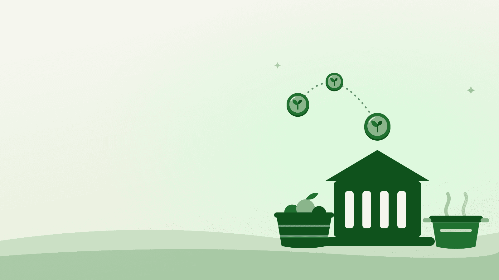 Flat illustration of funding coins arcing toward a public building beside a produce crate and a cooking pot — Local Food Infrastructure Fund