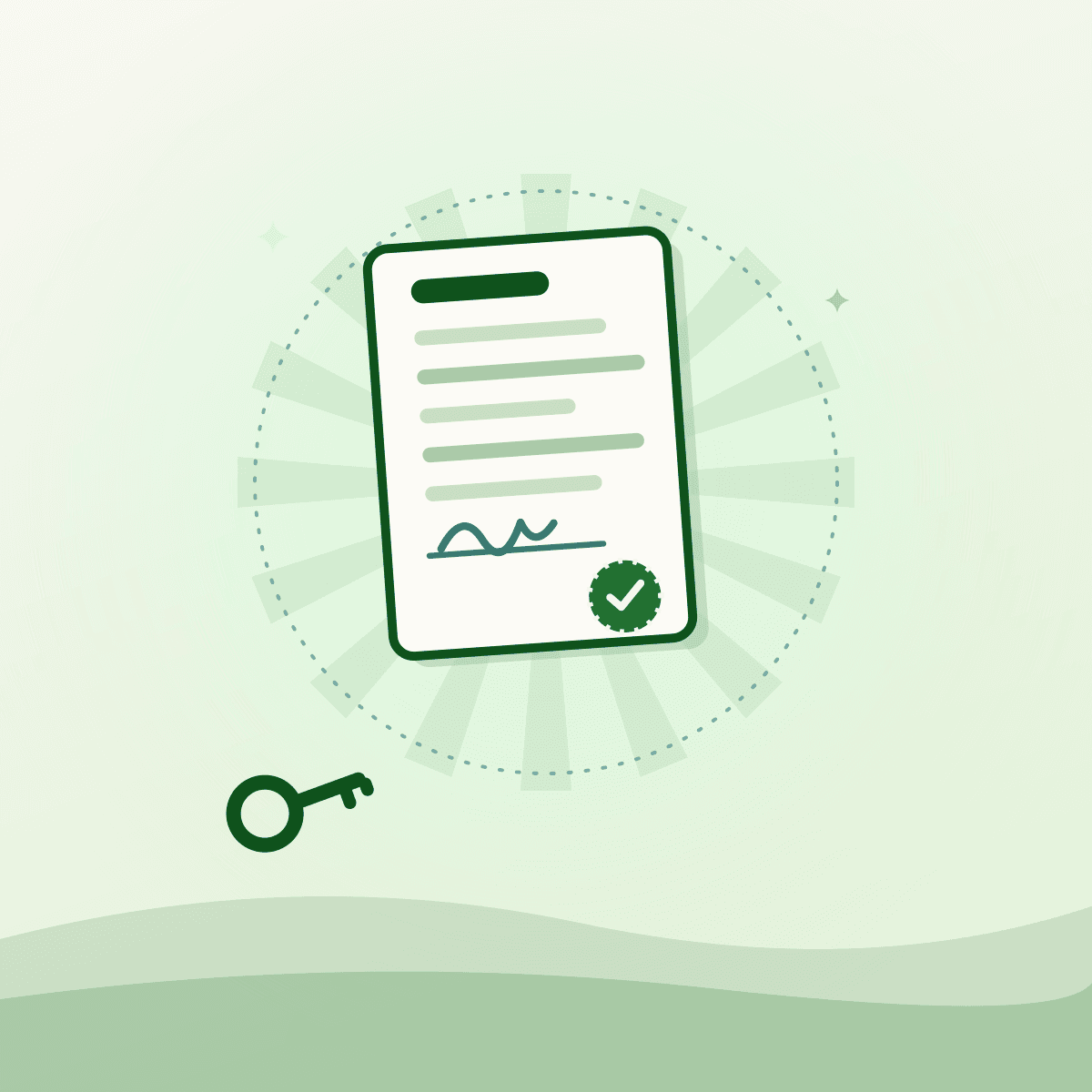 Illustrated signed lease page with a key, representing a commercial kitchen for lease