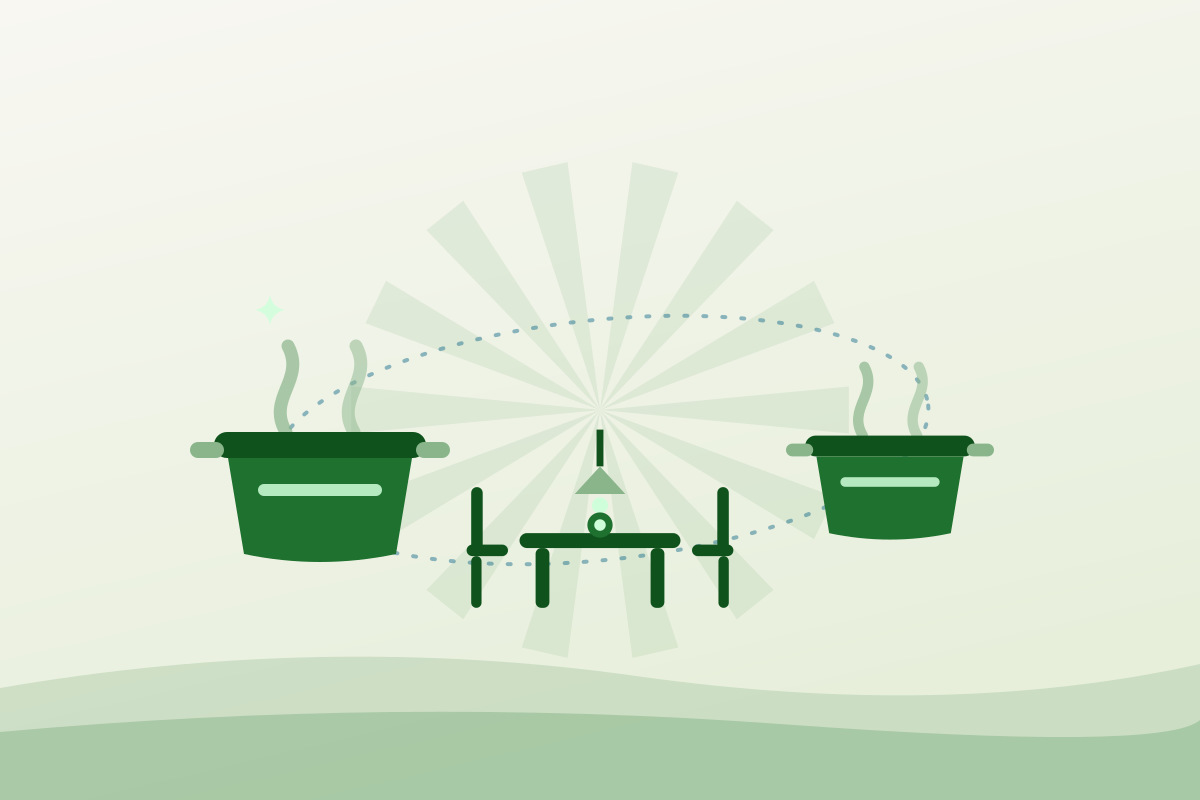 Flat illustration of two cooking pots flanking a long table, representing Moncton's free meal programs
