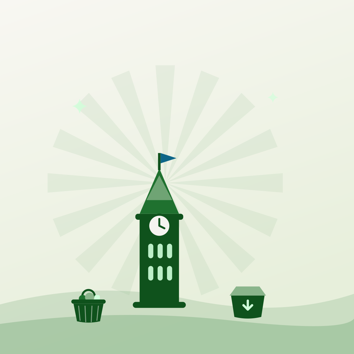 Illustrated Ottawa Peace Tower above a donation box and a basket of produce