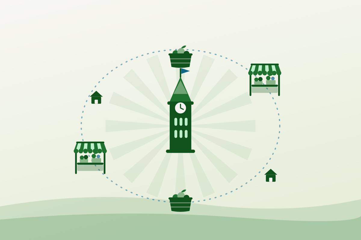 Flat illustration of market stalls, crates and farmhouses ringing a capital-city tower