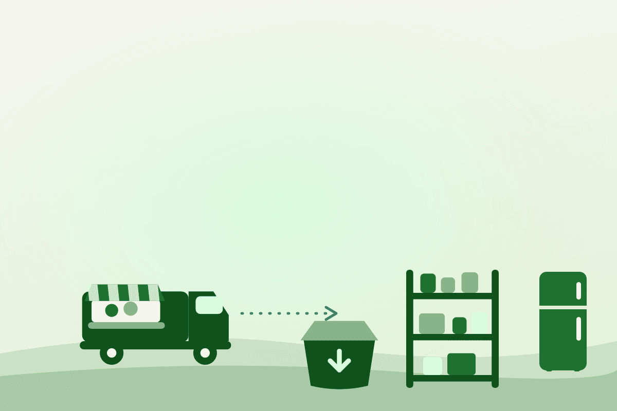 Flat illustration of a food distribution chain: a delivery truck, a receiving box, shelving and cold storage