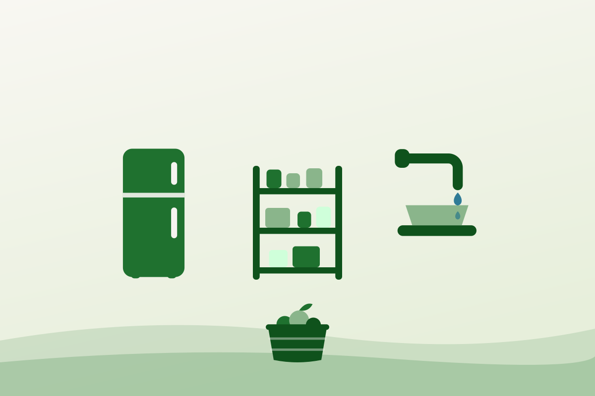 Flat illustration of a refrigerator, a storage shelving rack, a sink and a produce crate