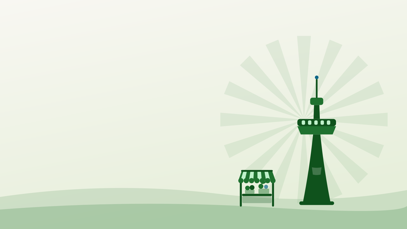 Flat illustration of the CN Tower beside a market stall — farmers market toronto