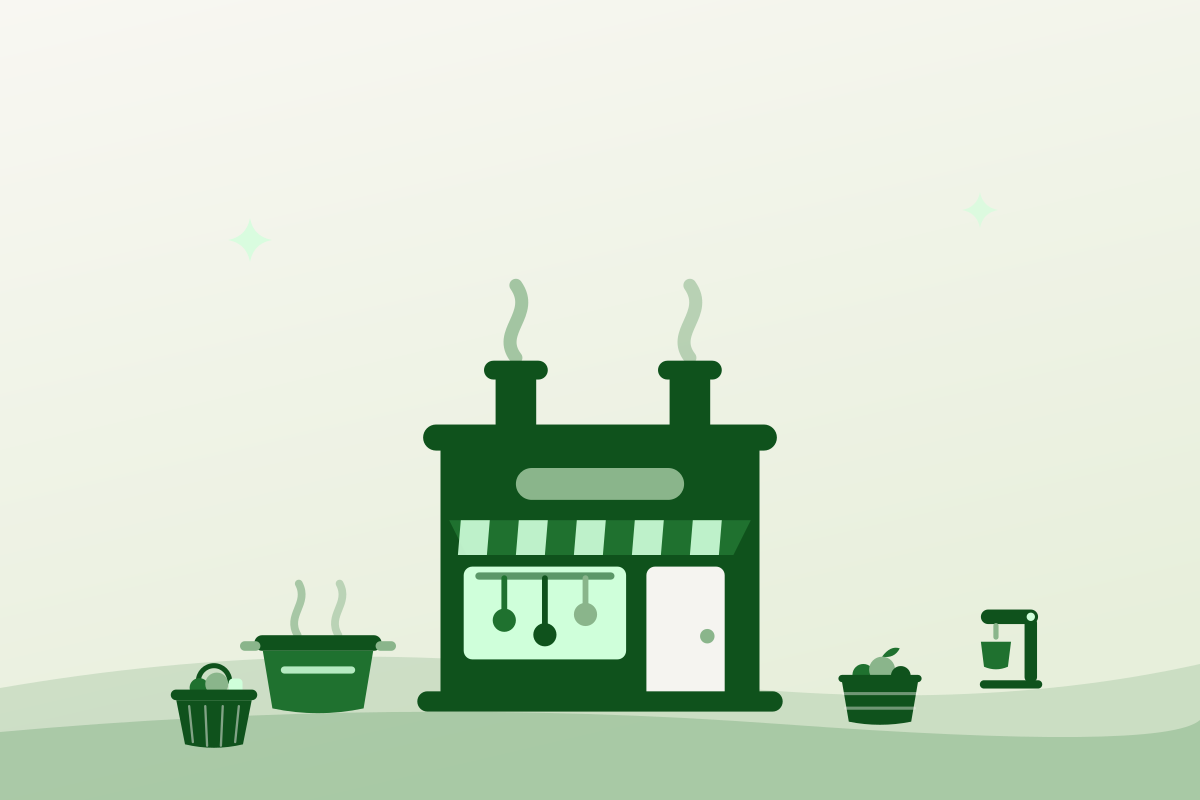 Flat illustration of one licensed kitchen building surrounded by the equipment of several small food producers sharing it