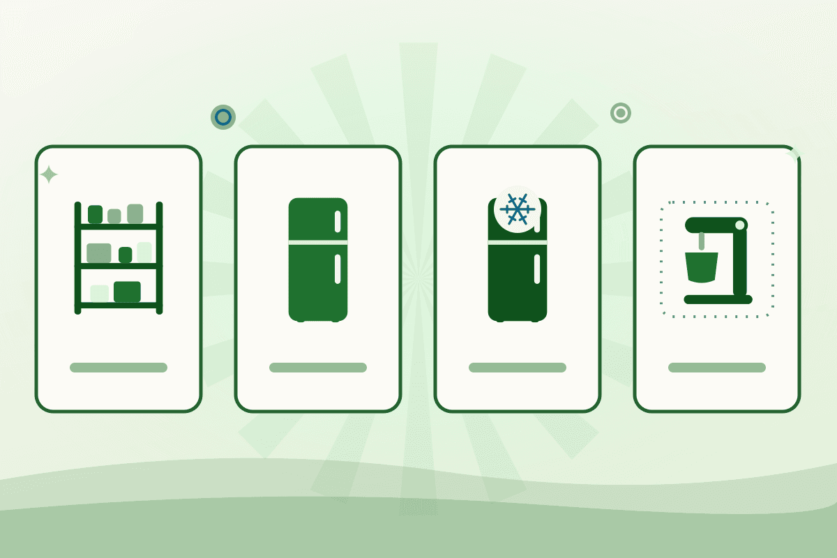 Illustration of the four storage rental sub-types: dry shelving, refrigerated cooler, freezer, and parked equipment storage