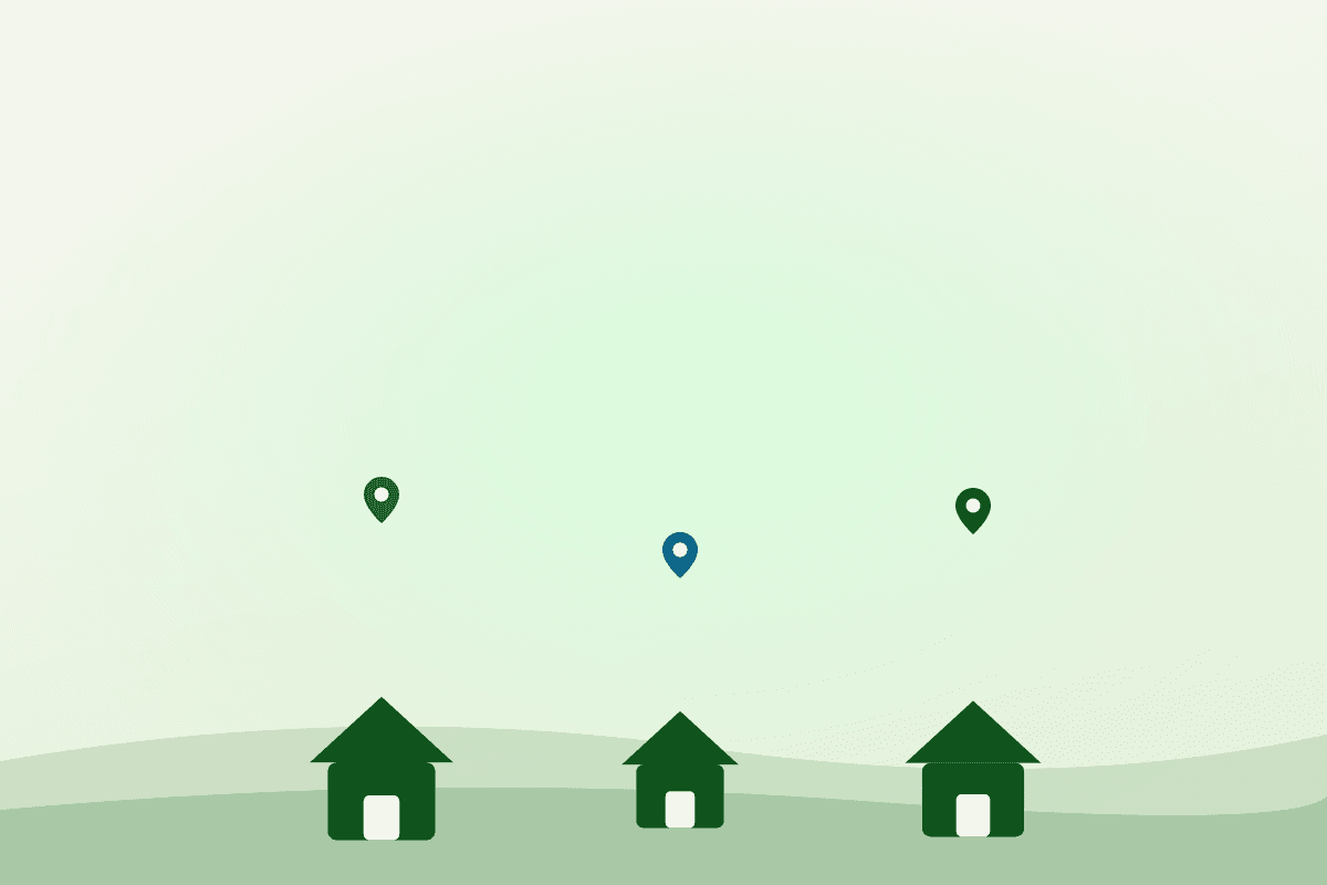 Illustration of three farm buildings with location pins above them