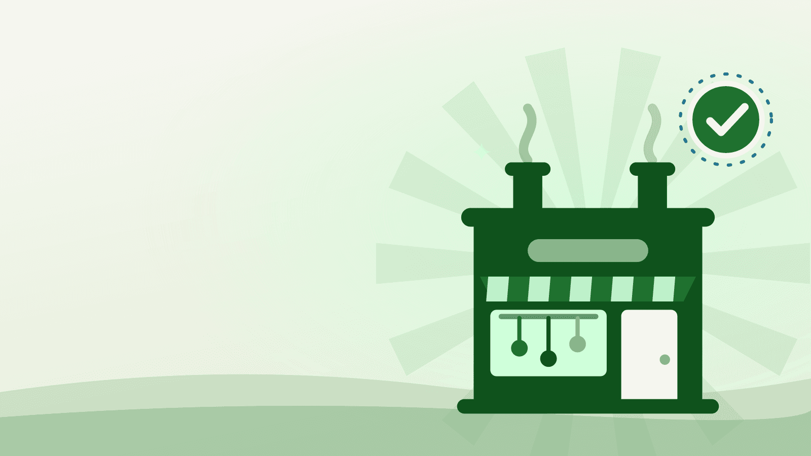 Flat illustration of a licensed commercial kitchen building with an approval check mark