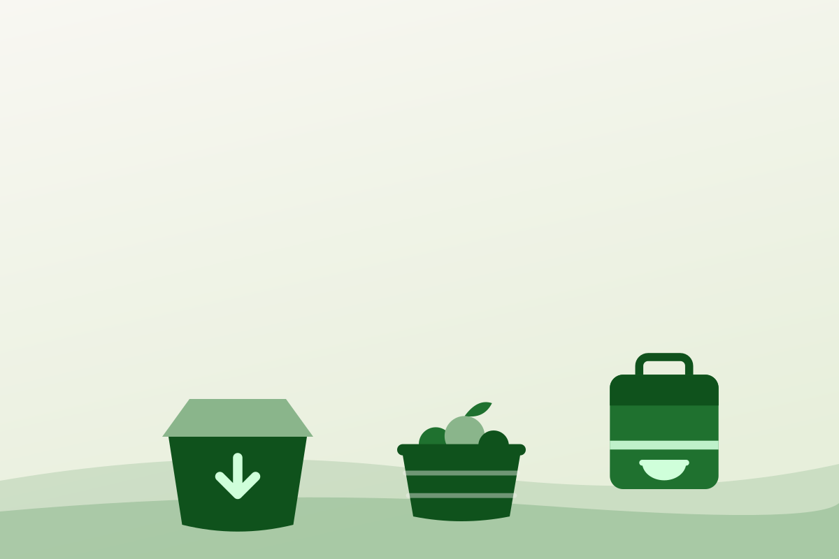 Flat illustration of a donation drop-off box, a produce crate and a delivery bag