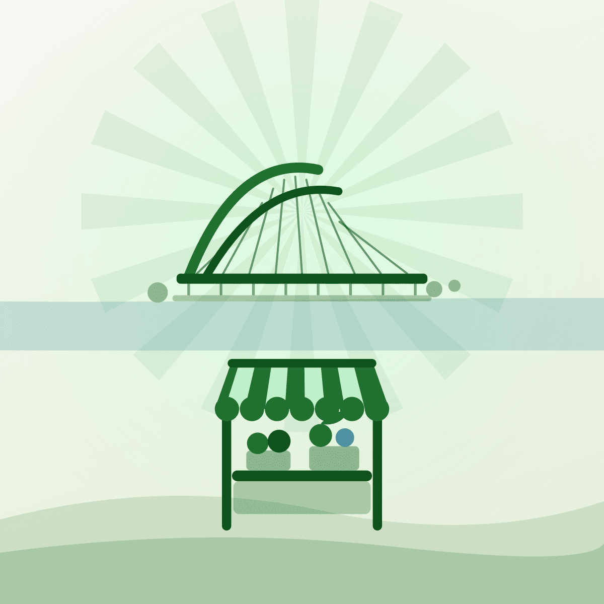Humber Bay Arch Bridge and a farmers market stall in Etobicoke