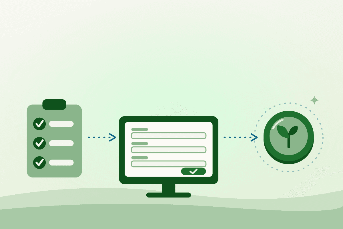 Flat illustration of a checklist, a screen and a coin linked by dashed arrows, showing funding moving from a network to local groups
