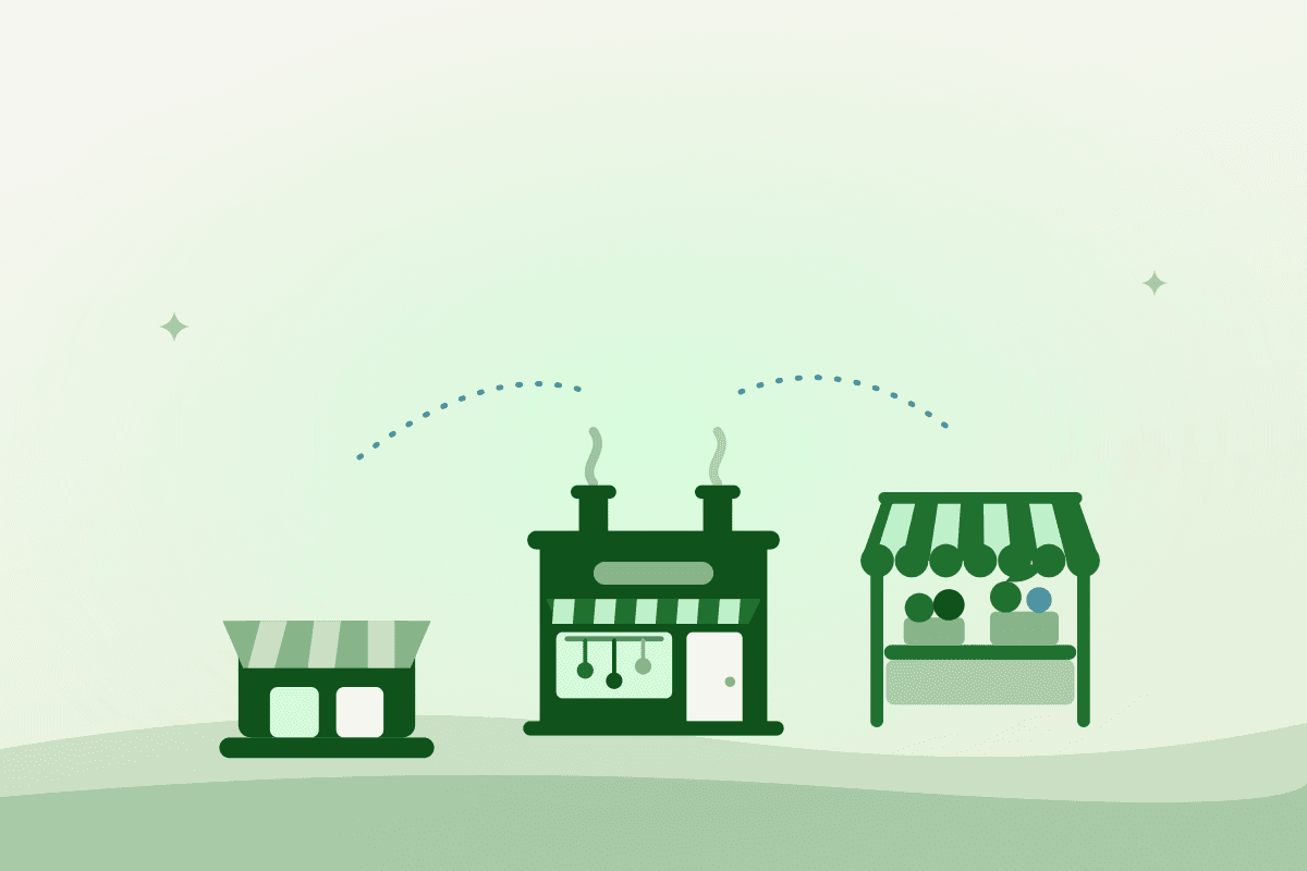 Illustration of a storefront, a commercial kitchen and a market stall connected, representing Miramichi's local food scene