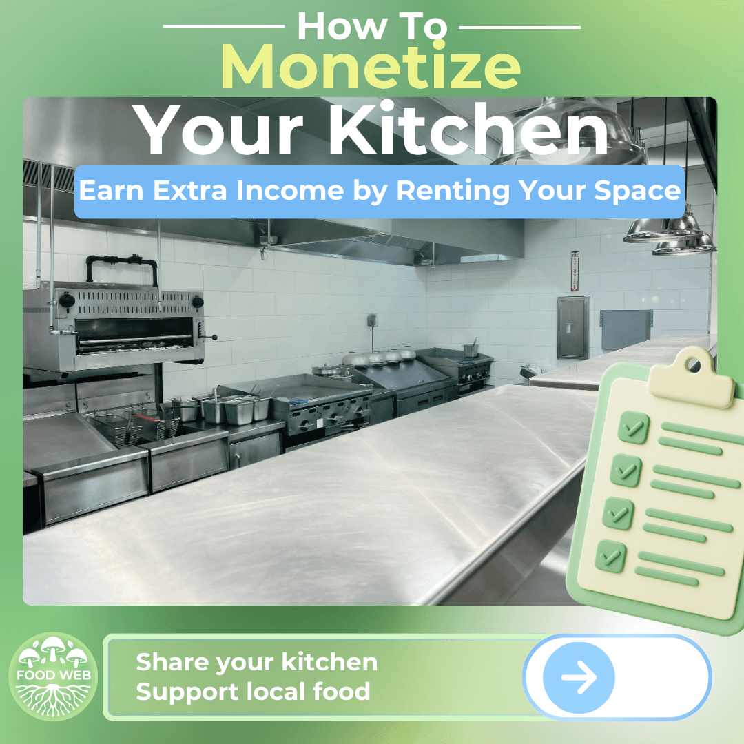 Blog cover image showing a clean commercial kitchen with the text “How to Monetize Your Kitchen” and a checklist icon, representing renting unused kitchen space.