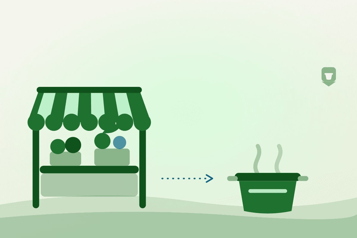 Illustration of a market stall vendor scaling into a licensed commercial kitchen