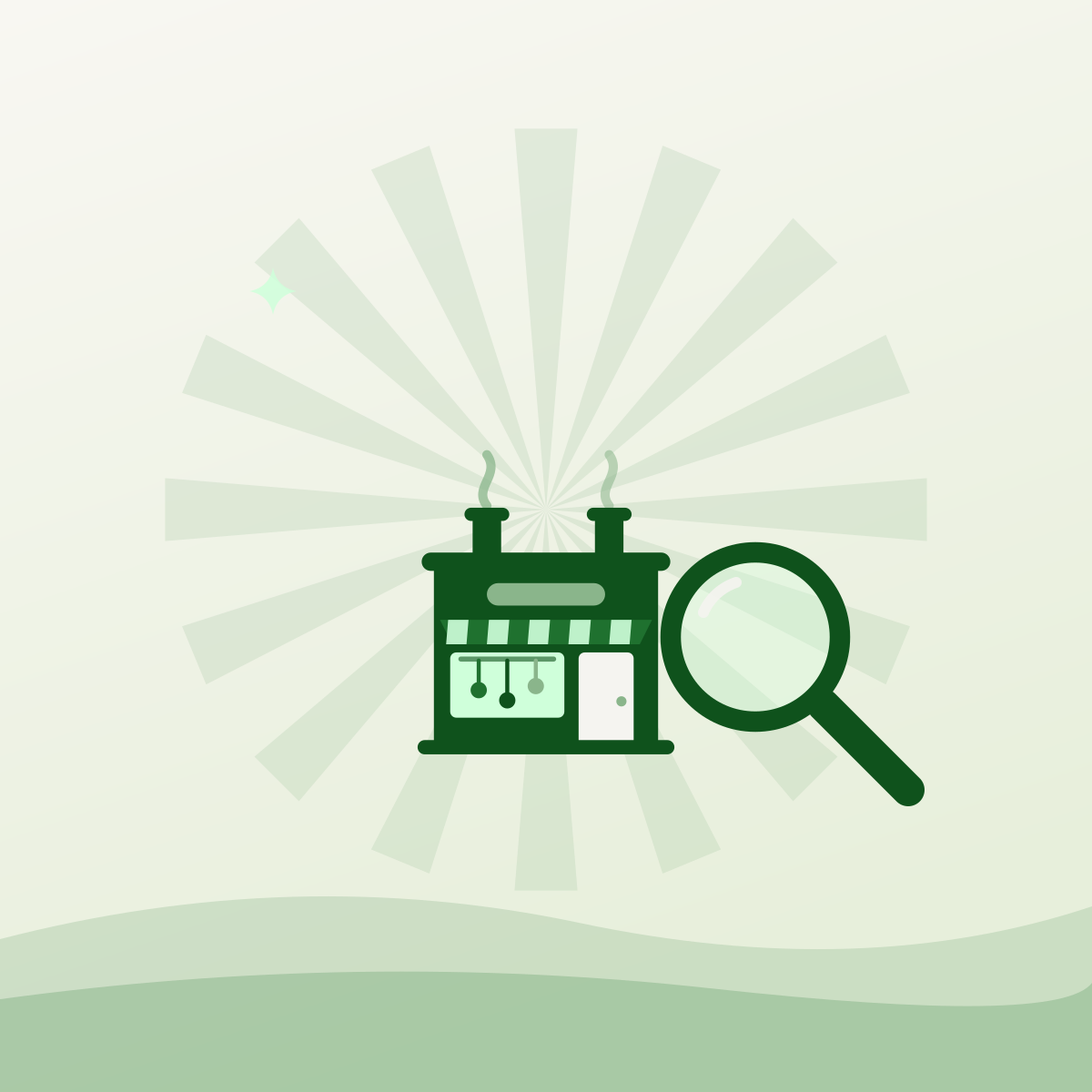 Illustrated commercial kitchen building with a magnifier held over it