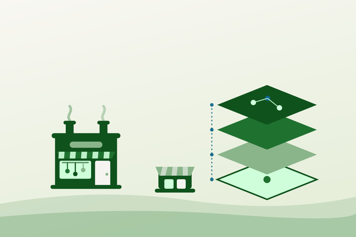 Flat illustration comparing a commissary kitchen building, a storefront and stacked layers representing an incubator programme