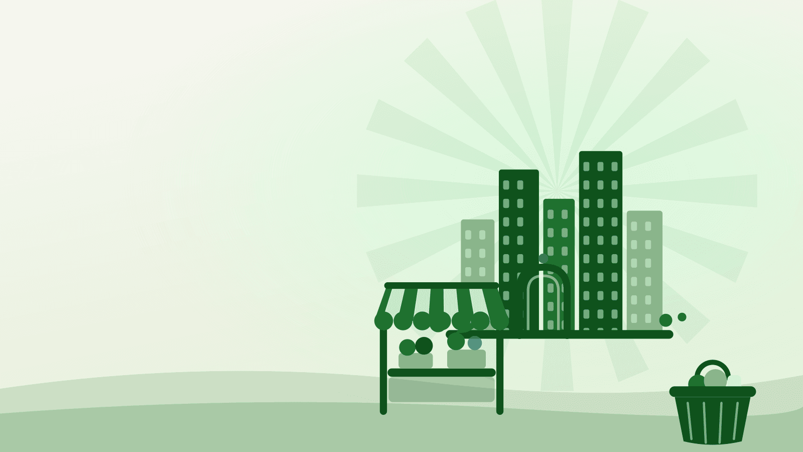 Flat illustration of the North York Centre towers behind a market stall, for a farmers market North York guide