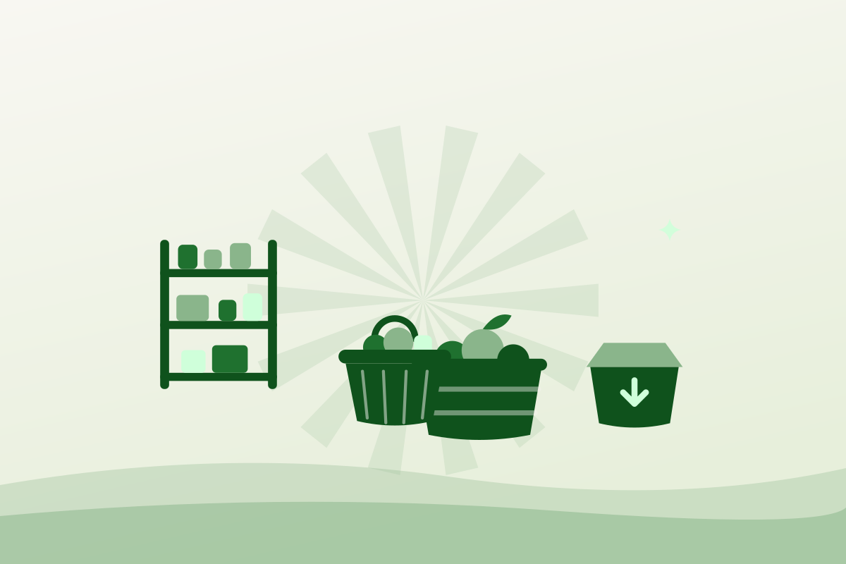 Flat illustration of a stocked shelf rack beside crates and a packed box, representing a food bank Moncton supply chain