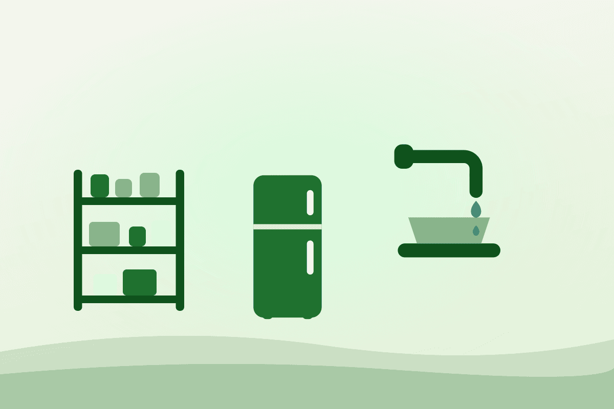 Flat illustration of commissary kitchen storage shelving, refrigeration and a water fill and dump station