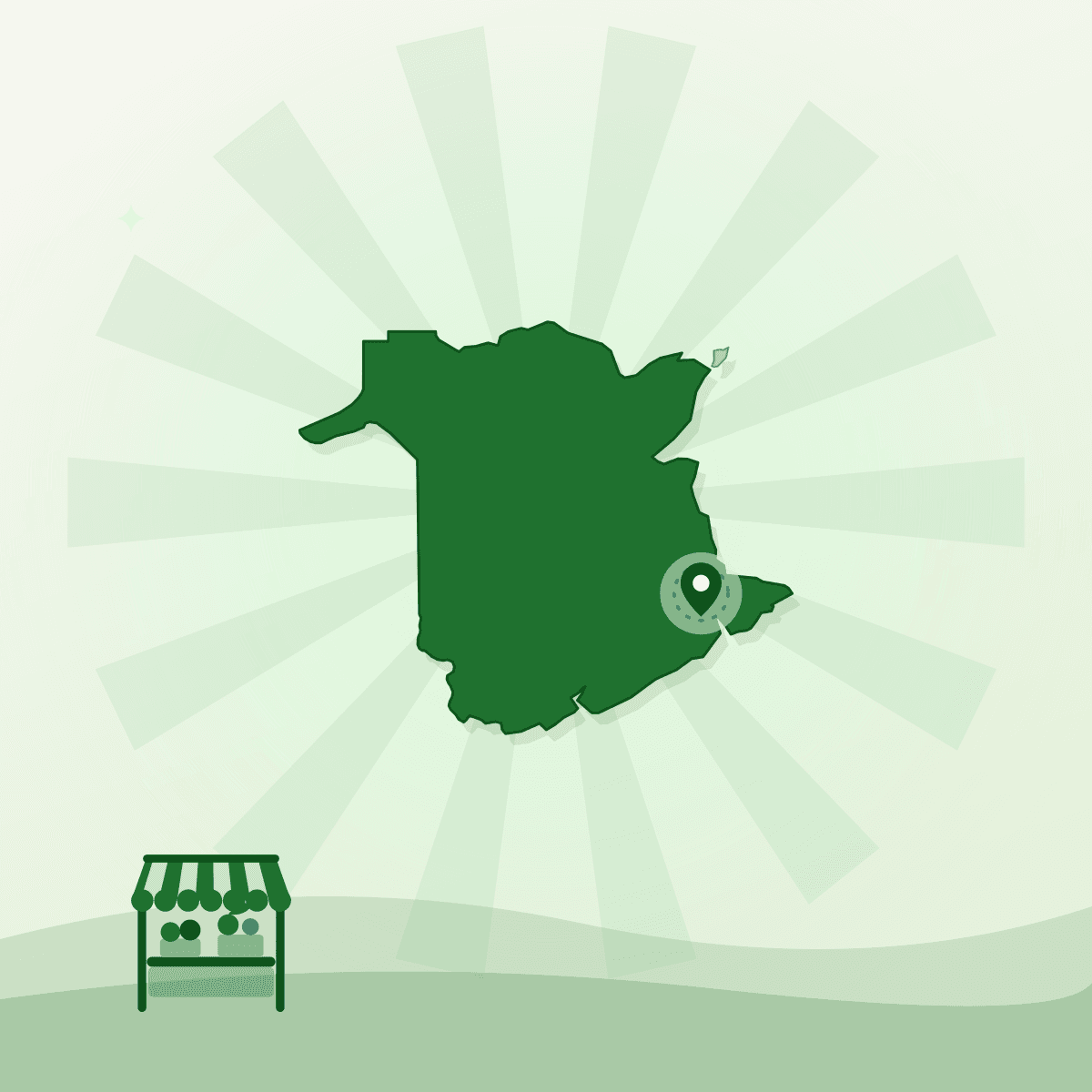 Illustrated outline of New Brunswick with Moncton marked