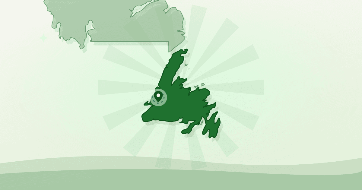 Illustrated outline of the island of Newfoundland with Corner Brook marked — food map of Corner Brook, Newfoundland and Labrador