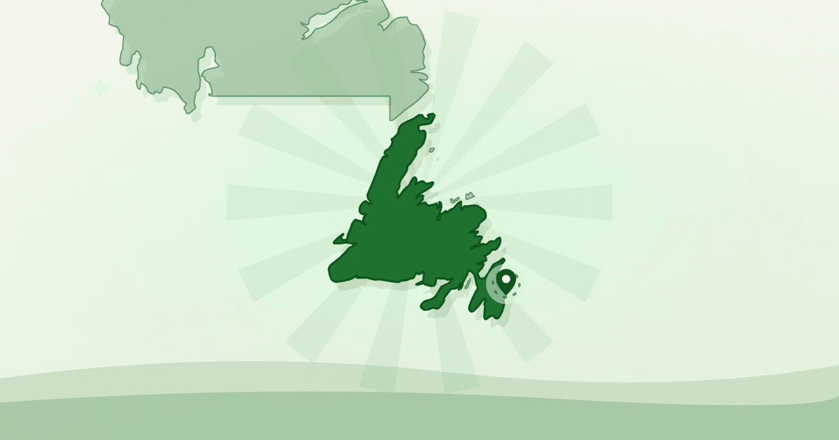 Illustrated outline of the island of Newfoundland with Mount Pearl marked — food map of Mount Pearl, Newfoundland and Labrador