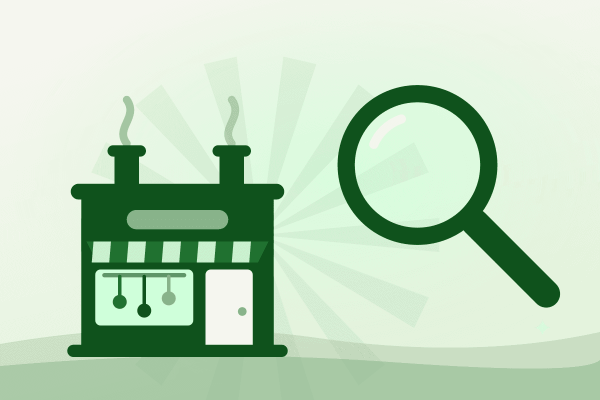 Flat illustration of a magnifying glass inspecting a licensed commercial kitchen building