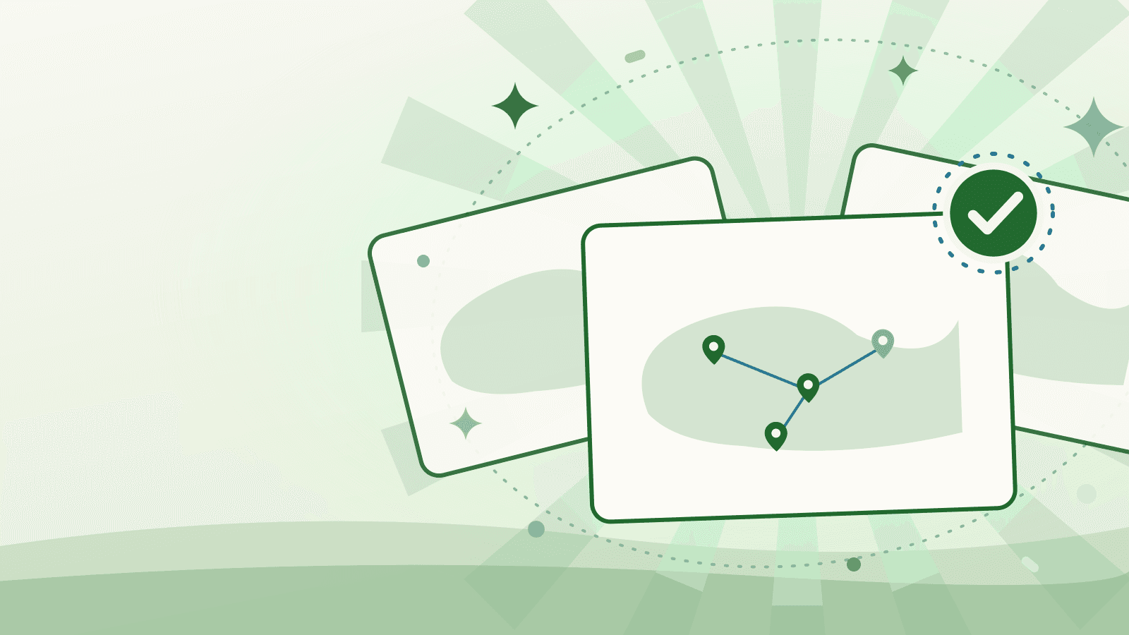 Food system mapping software comparison: three candidate map platforms fanned out, with the chosen one marked by a green check badge